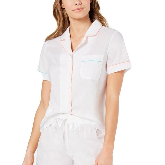 Charter Club Women's Top White Size S Notch Collar Woven Cotton Lightweight PJ - Picture 2 of 6